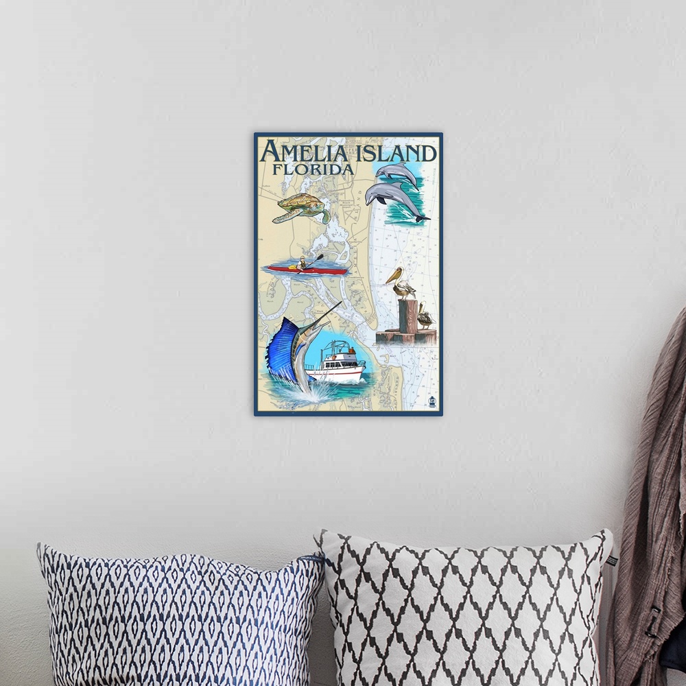 A bohemian room featuring Amelia Island, Florida - Nautical Chart: Retro Travel Poster