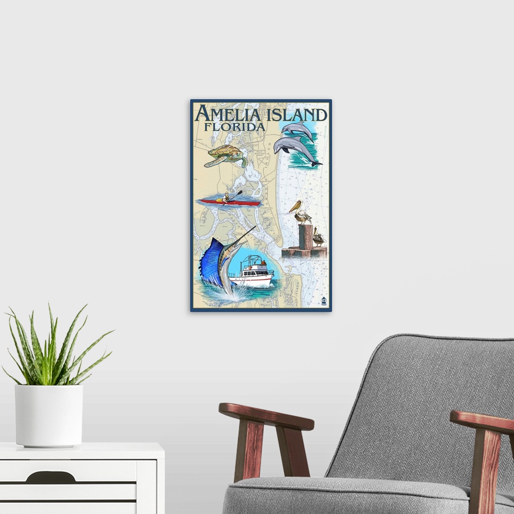 A modern room featuring Amelia Island, Florida - Nautical Chart: Retro Travel Poster