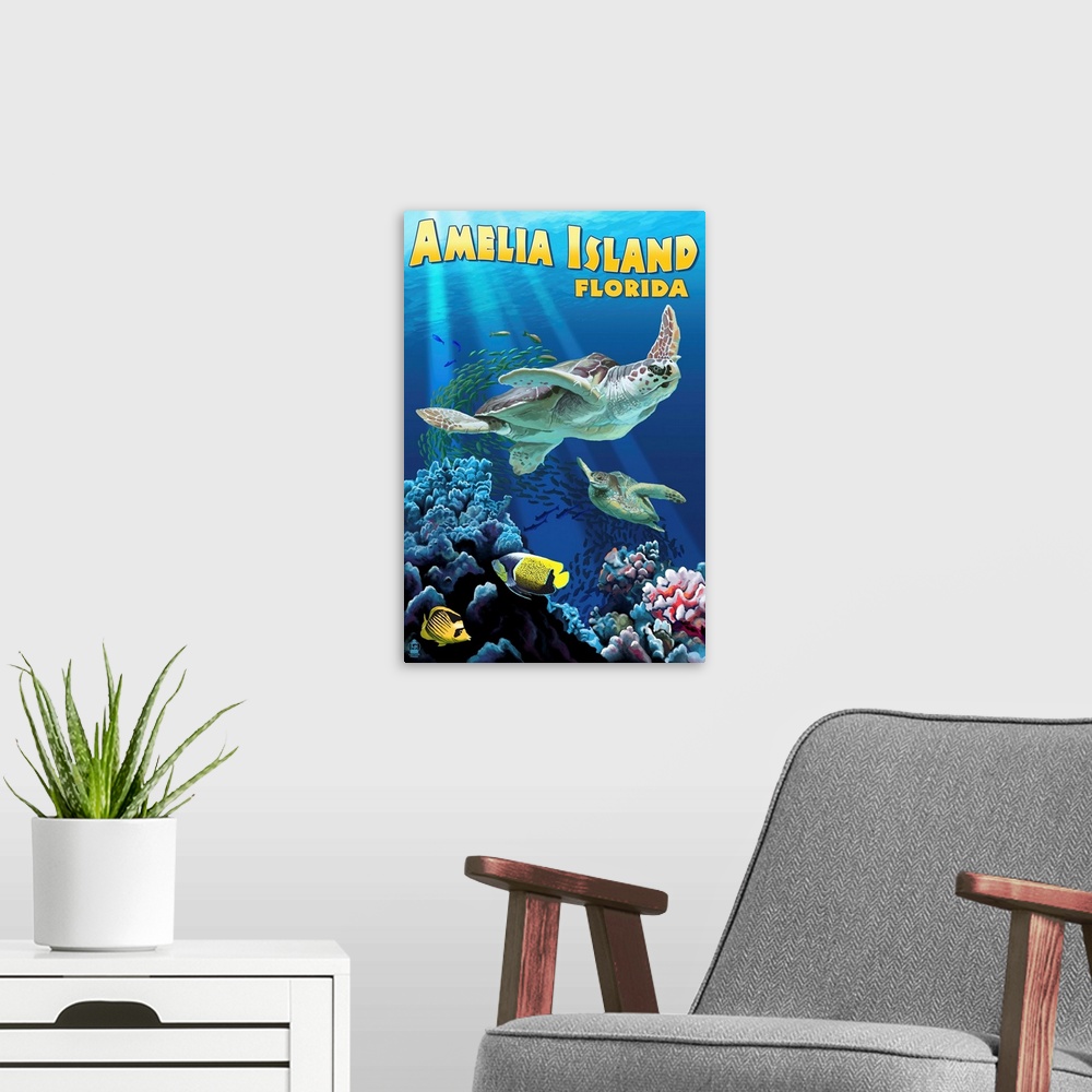 A modern room featuring Amelia Island, Florida - Sea Turtle Swimming: Retro Travel Poster