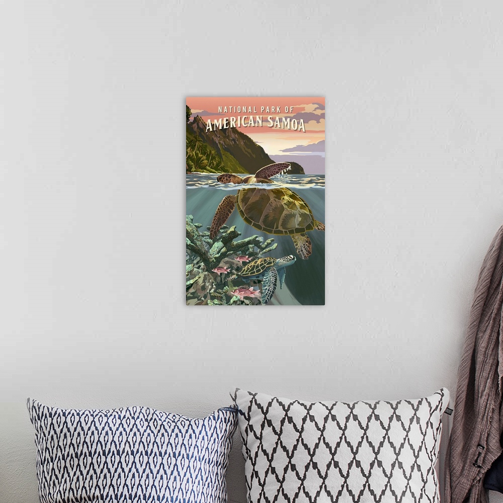 A bohemian room featuring American Samoa National Park, Sea Turtle Swimming: Retro Travel Poster