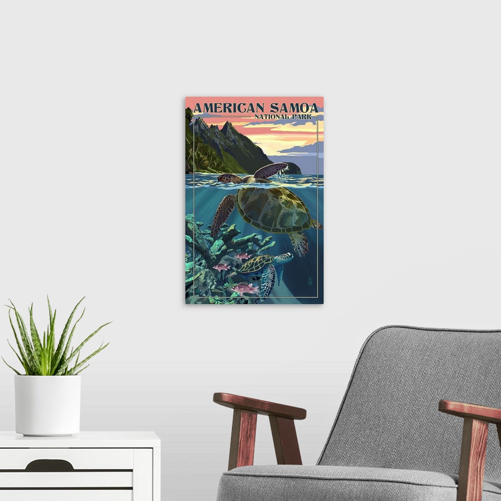 A modern room featuring American Samoa National Park, Sea Turtle Swimming: Retro Travel Poster