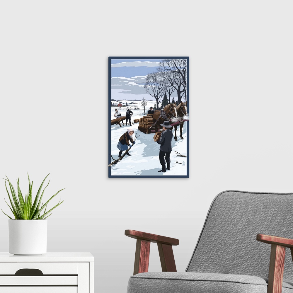 A modern room featuring Amish Gathering Firewood Winter Scene