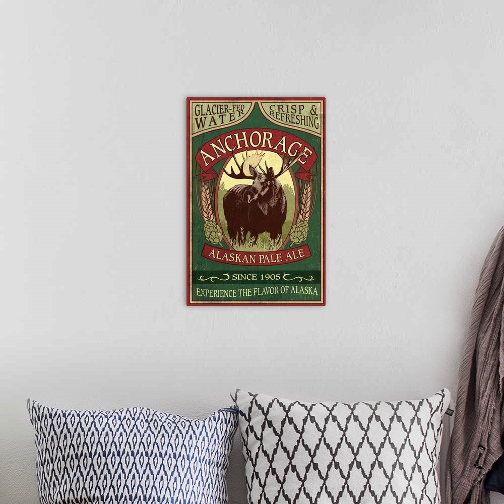 A bohemian room featuring Retro inspired artwork of a vintage sign using a portrait of a bull moose framed with text, embel...