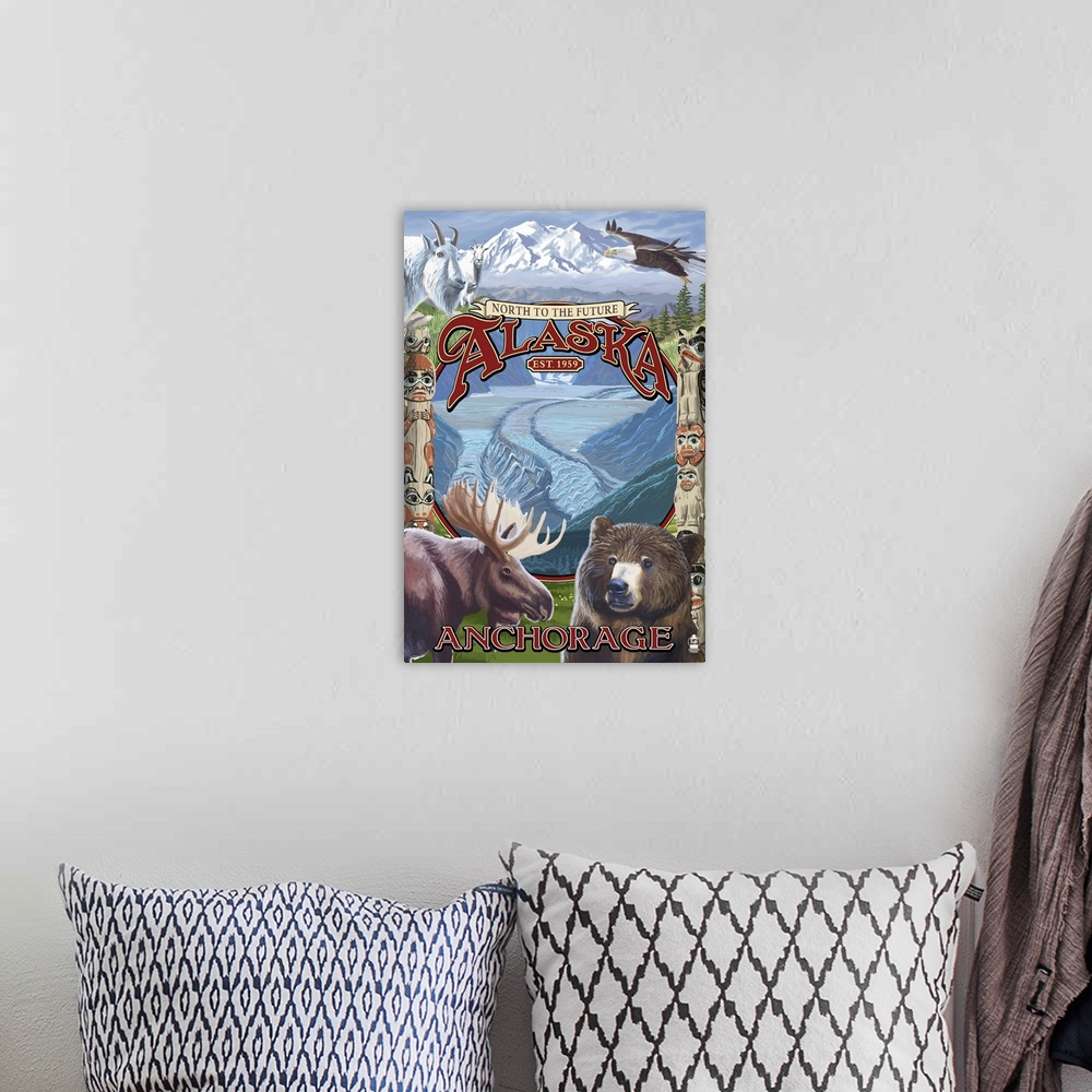 A bohemian room featuring Anchorage, Alaska - North to the Future Montage: Retro Travel Poster