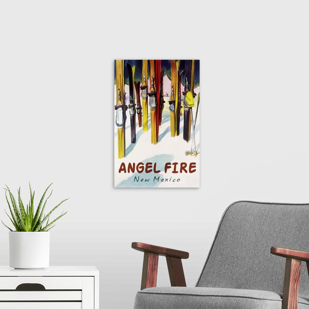 A modern room featuring Angel Fire, New Mexico - Colorful Skis: Retro Travel Poster