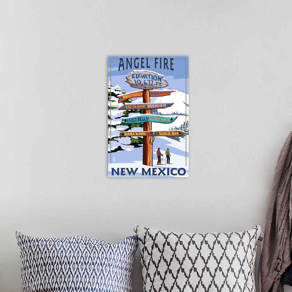 A bohemian room featuring Angel Fire, New Mexico - Destinations Signpost: Retro Travel Poster