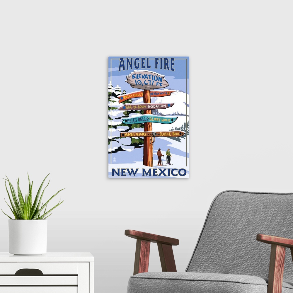 A modern room featuring Angel Fire, New Mexico - Destinations Signpost: Retro Travel Poster