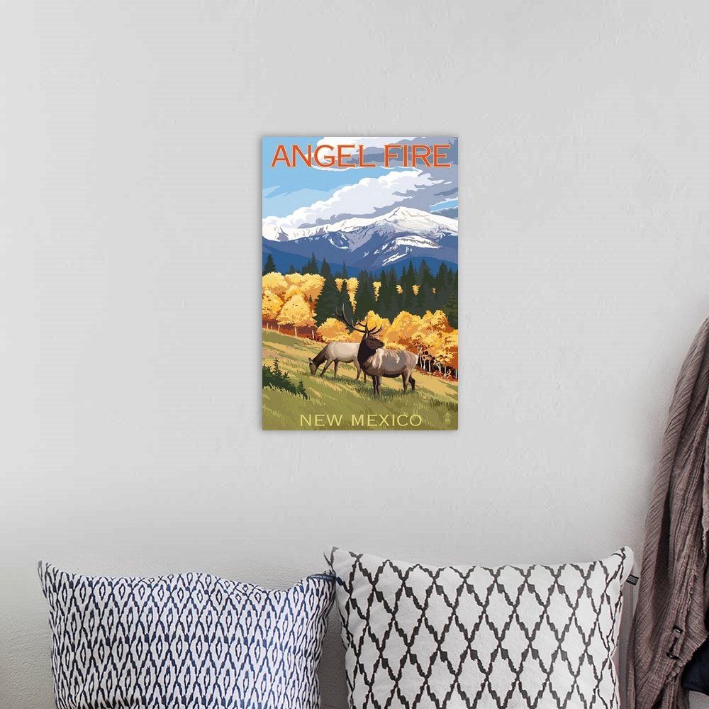 A bohemian room featuring Angel Fire, New Mexico - Elk and Mountains: Retro Travel Poster