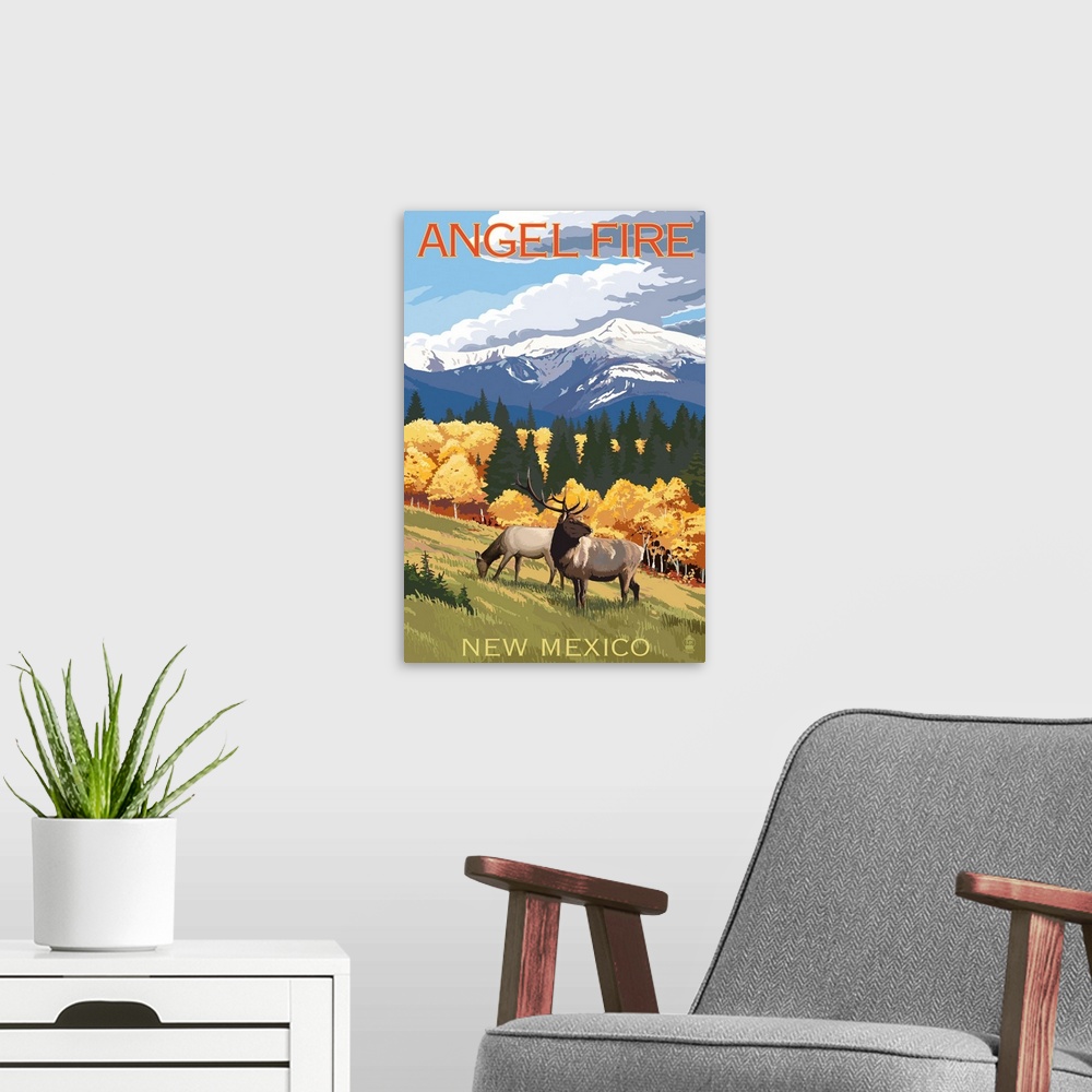 A modern room featuring Angel Fire, New Mexico - Elk and Mountains: Retro Travel Poster