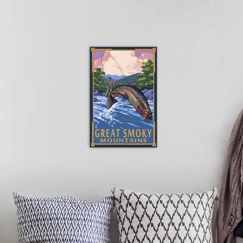 A bohemian room featuring Angler Fly Fishing Scene, Great Smoky Mountains