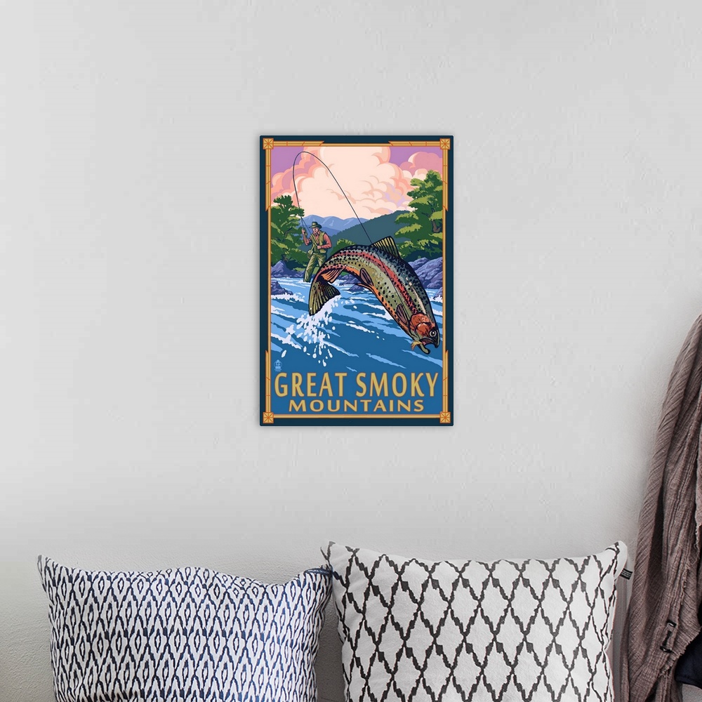 A bohemian room featuring A fisherman in an Appalachian Mountain stream attempts to reel in a leaping trout.