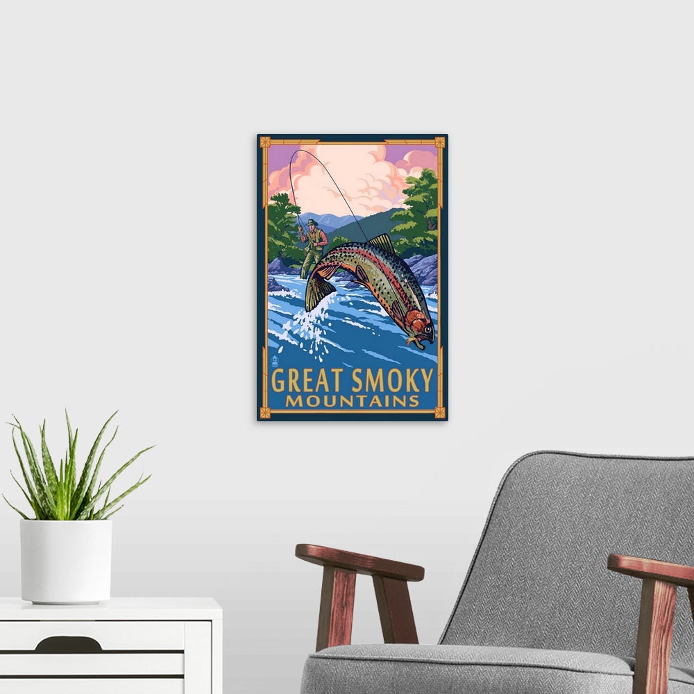 A modern room featuring A fisherman in an Appalachian Mountain stream attempts to reel in a leaping trout.