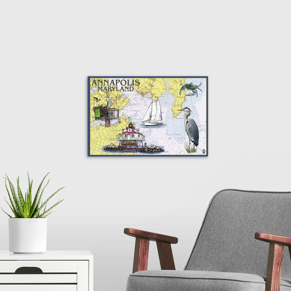 A modern room featuring Annapolis, Maryland - Nautical Chart: Retro Travel Poster
