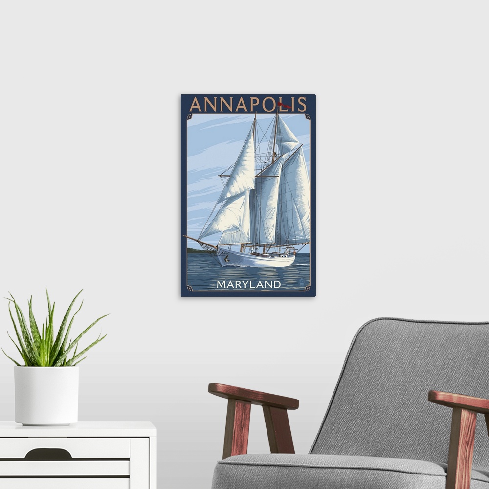 A modern room featuring Annapolis, Maryland - Sailboat Scene: Retro Travel Poster