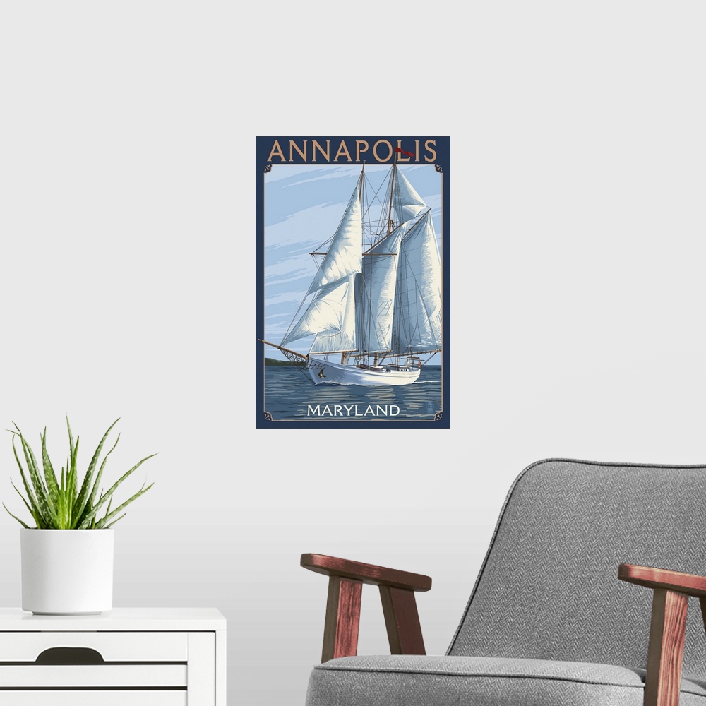 A modern room featuring Annapolis, Maryland - Sailboat Scene: Retro Travel Poster