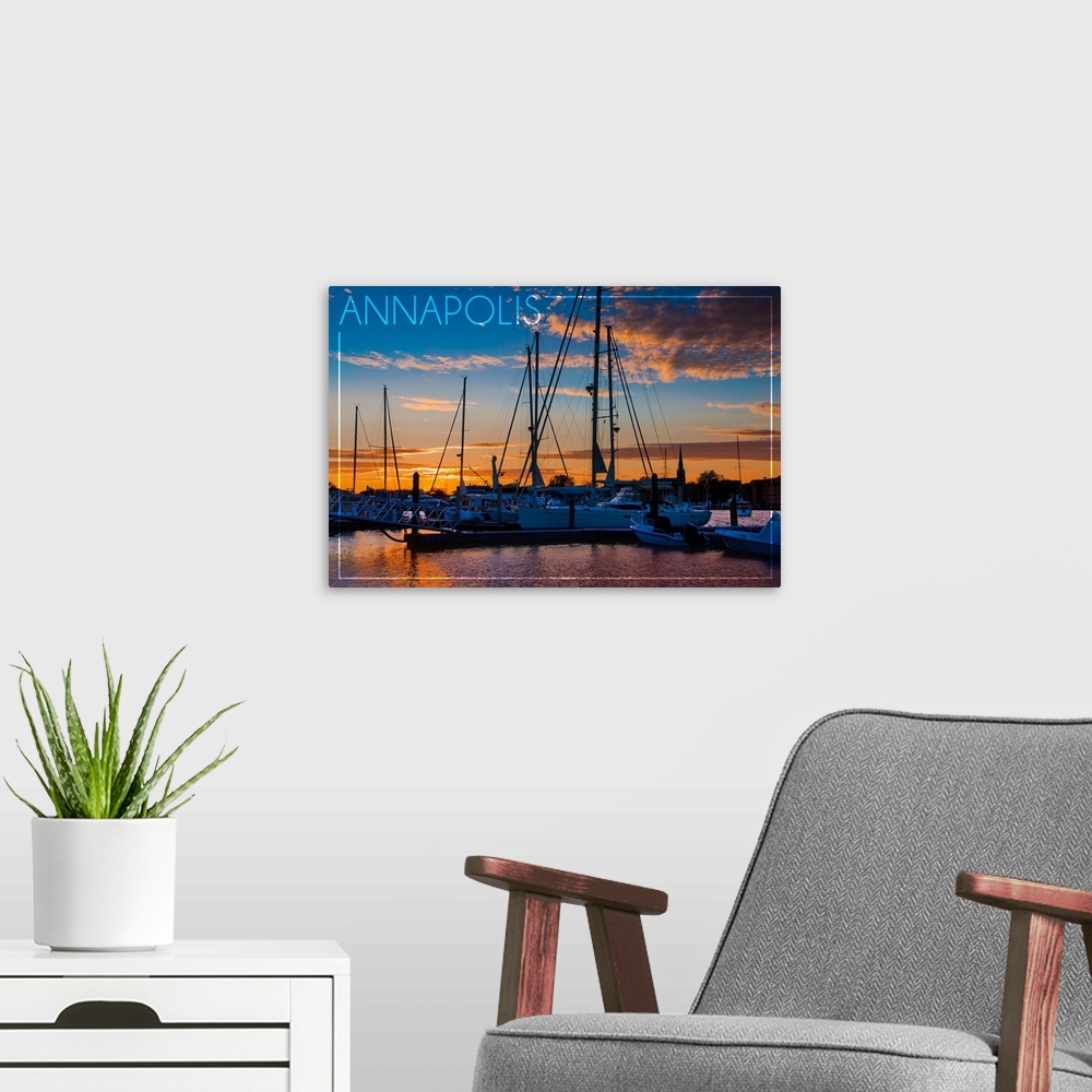 A modern room featuring Annapolis, Maryland, Sailboats at Sunset