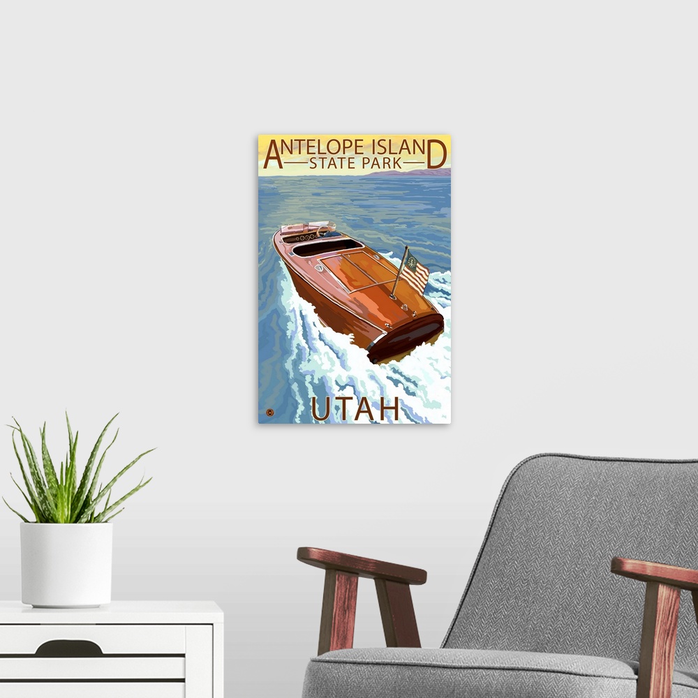 A modern room featuring Antelope Island State Park, Utah - Wooden Boat: Retro Travel Poster