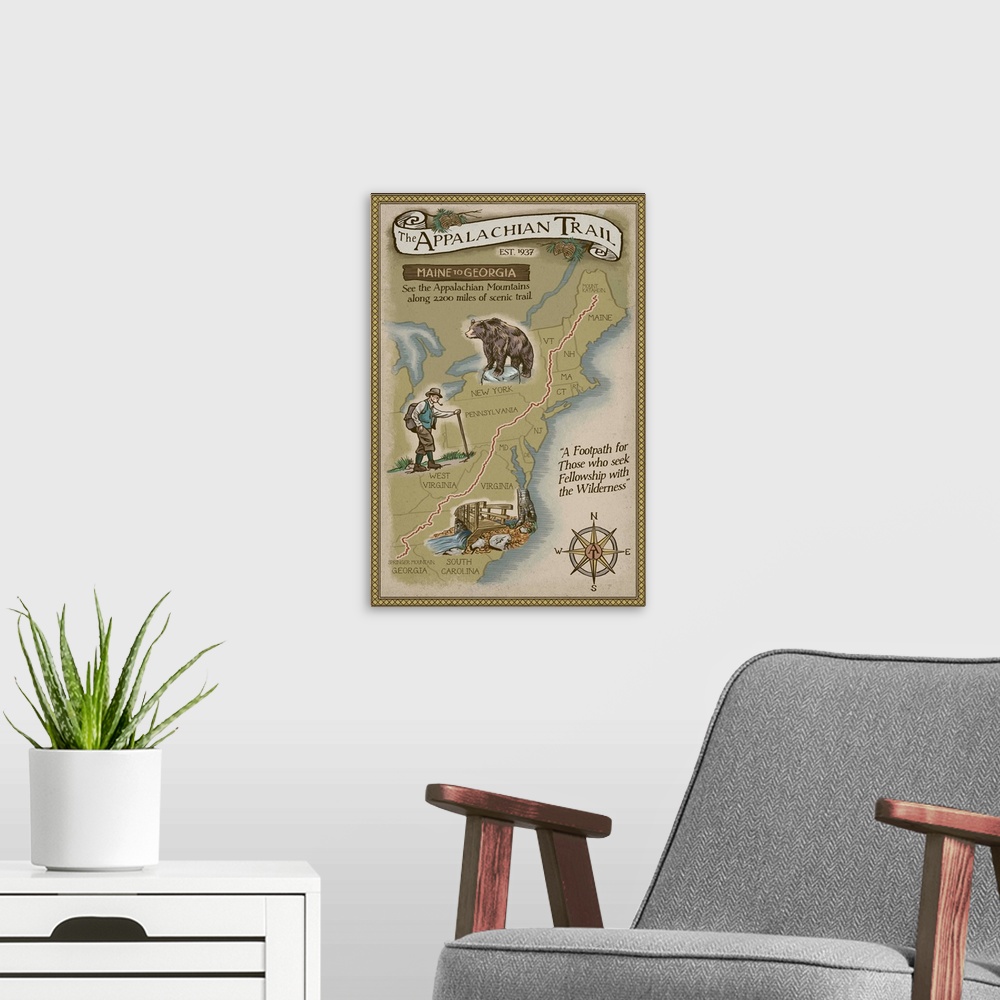 A modern room featuring Appalachian Trail Map: Retro Travel Poster