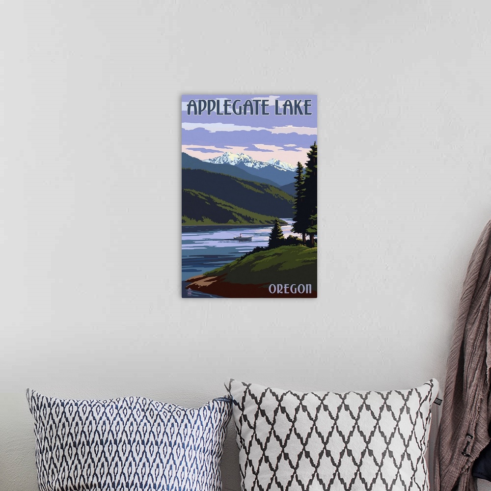 A bohemian room featuring Applegate Lake, Oregon and Fisherman: Retro Travel Poster