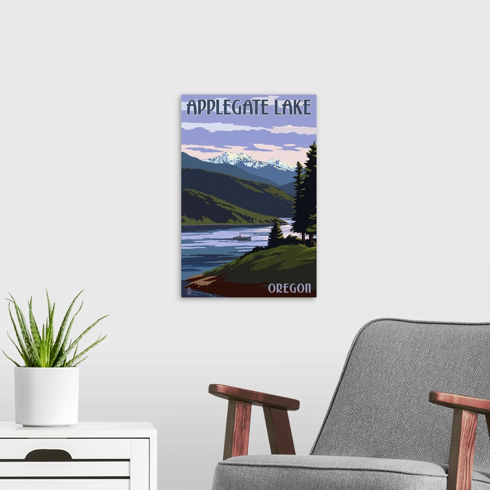 A modern room featuring Applegate Lake, Oregon and Fisherman: Retro Travel Poster