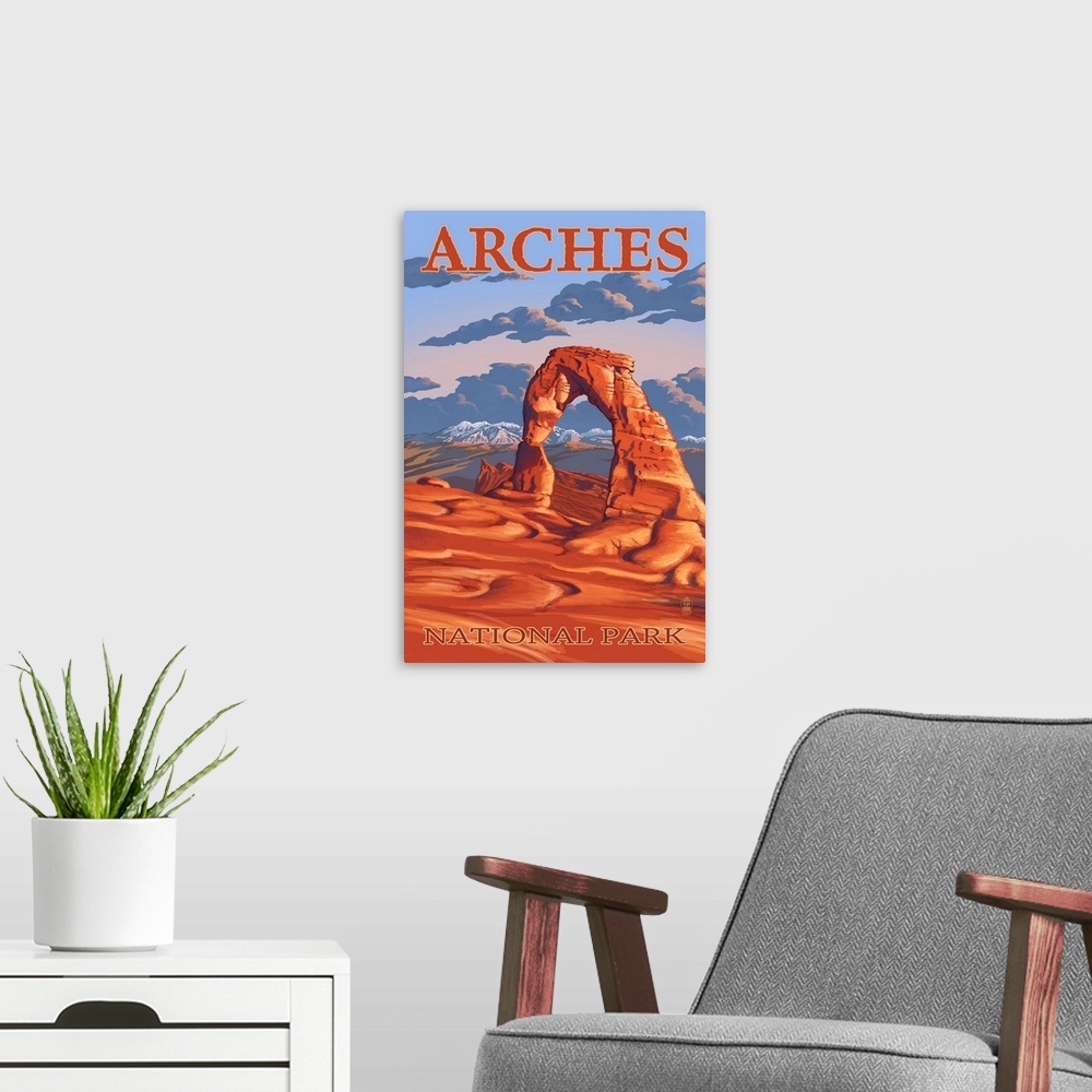 A modern room featuring Arches National Park, Delicate Arch: Retro Travel Poster