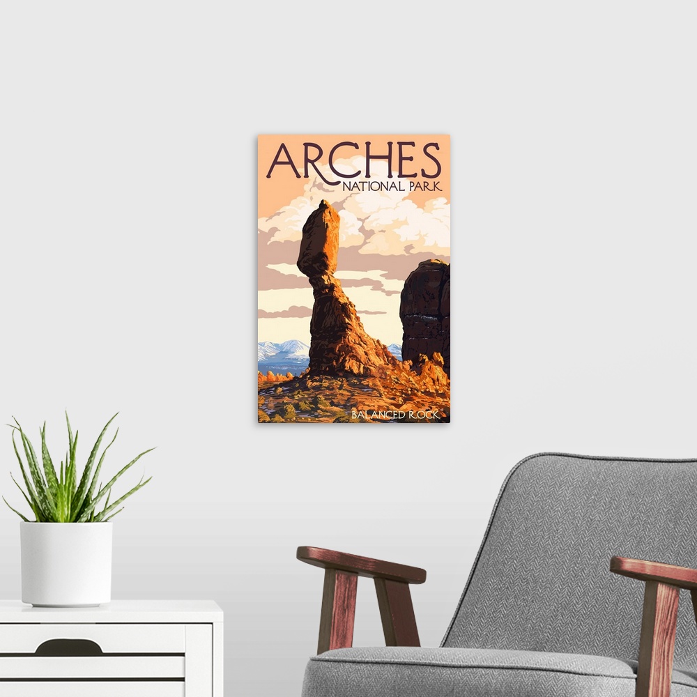 A modern room featuring Arches National Park, Utah - Balanced Rock: Retro Travel Poster