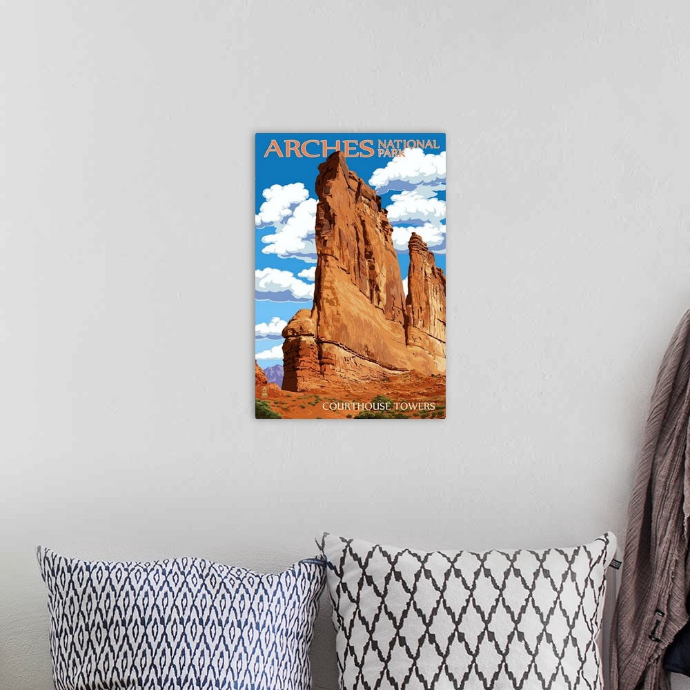A bohemian room featuring Arches National Park, Utah - Courthouse Towers: Retro Travel Poster