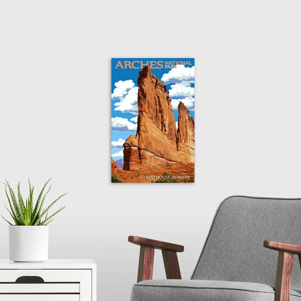 A modern room featuring Arches National Park, Utah - Courthouse Towers: Retro Travel Poster