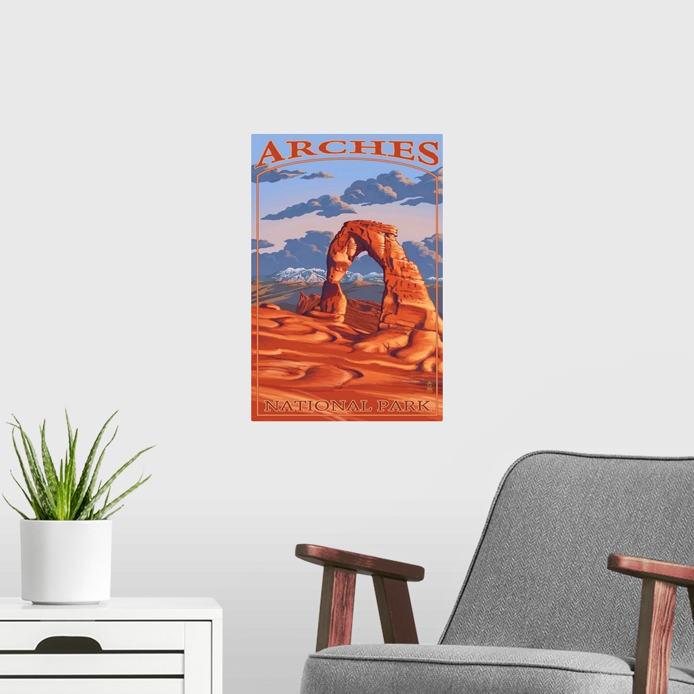 A modern room featuring Arches National Park, Utah - Delicate Arch: Retro Travel Poster