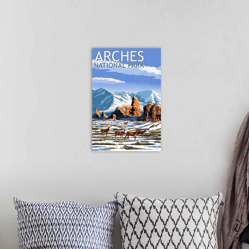 A bohemian room featuring Arches National Park, Utah - Turret Arch in Winter: Retro Travel Poster