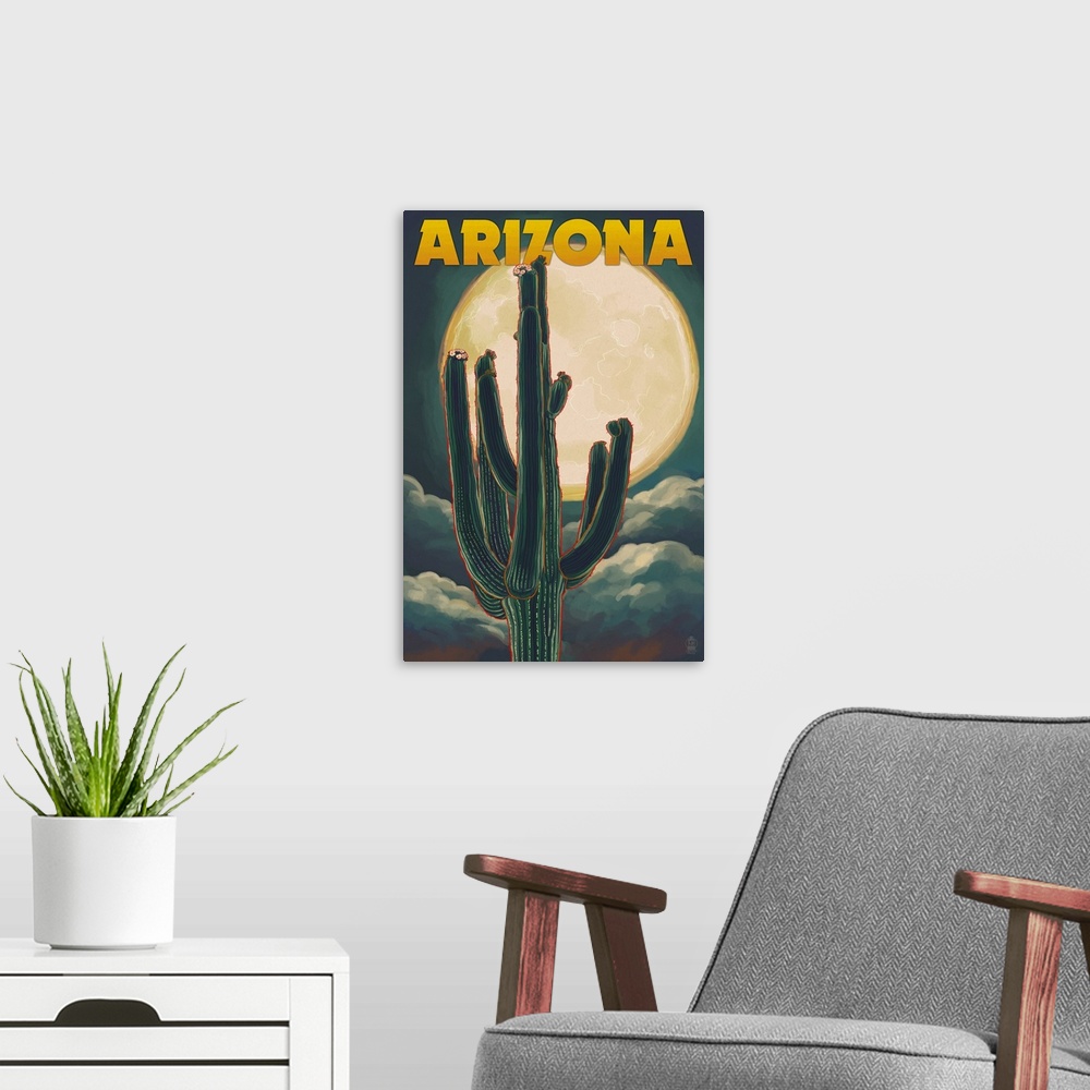 A modern room featuring Arizona Cactus and Full Moon: Retro Travel Poster