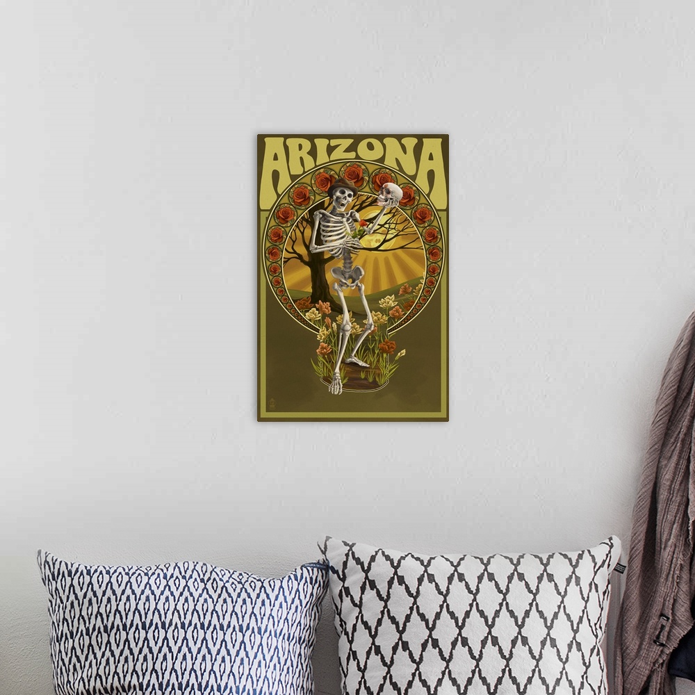 A bohemian room featuring Arizona - Day of the Dead - Skeleton Holding Sugar Skull: Retro Travel Poster
