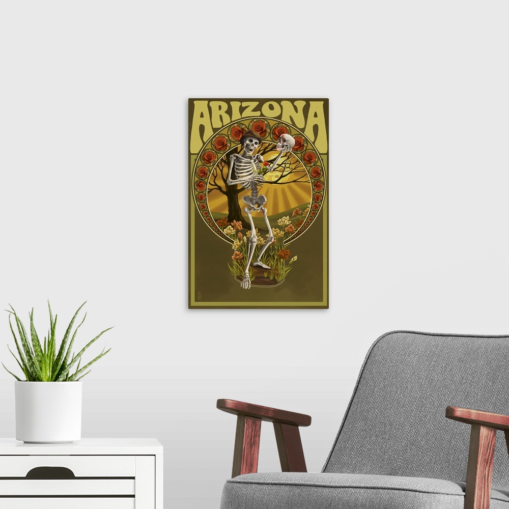 A modern room featuring Arizona - Day of the Dead - Skeleton Holding Sugar Skull: Retro Travel Poster