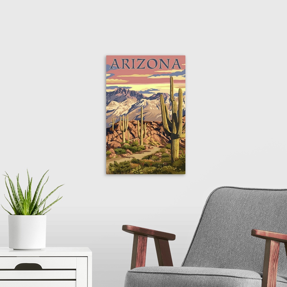 A modern room featuring Arizona Desert Scene at Sunset: Retro Travel Poster