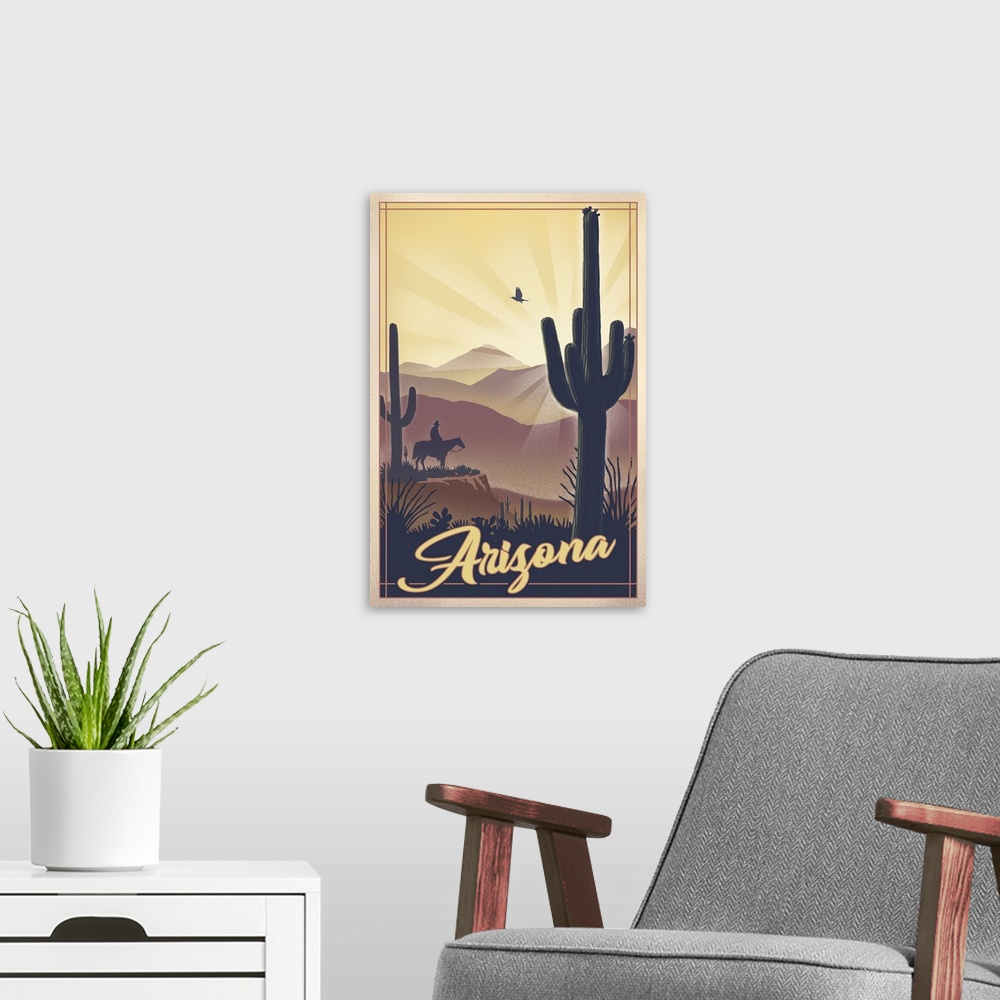 A modern room featuring Arizona - Desert Scene - Lithograph