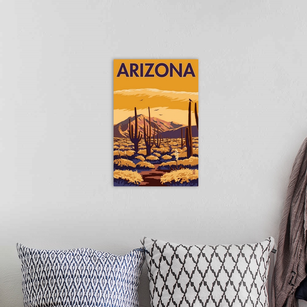 A bohemian room featuring Arizona Desert Scene with Cactus: Retro Travel Poster