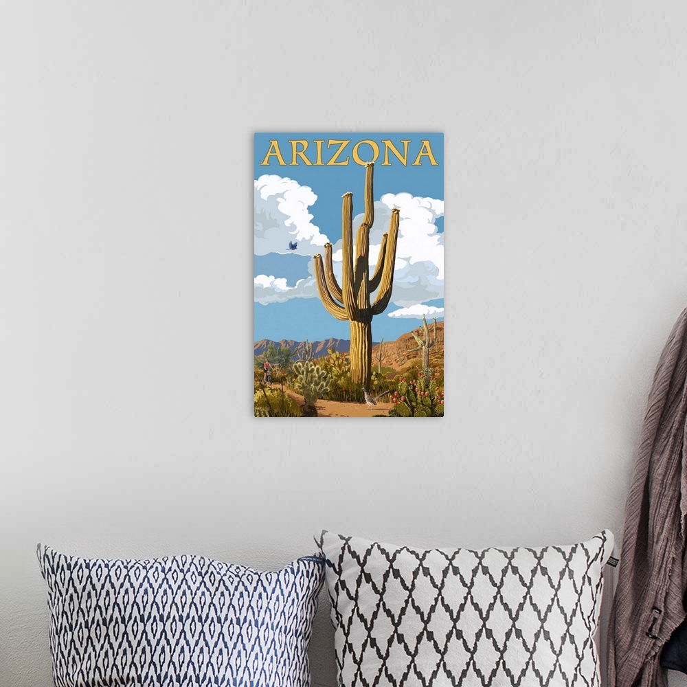 A bohemian room featuring Arizona - Saguaro and Roadrunner: Retro Travel Poster