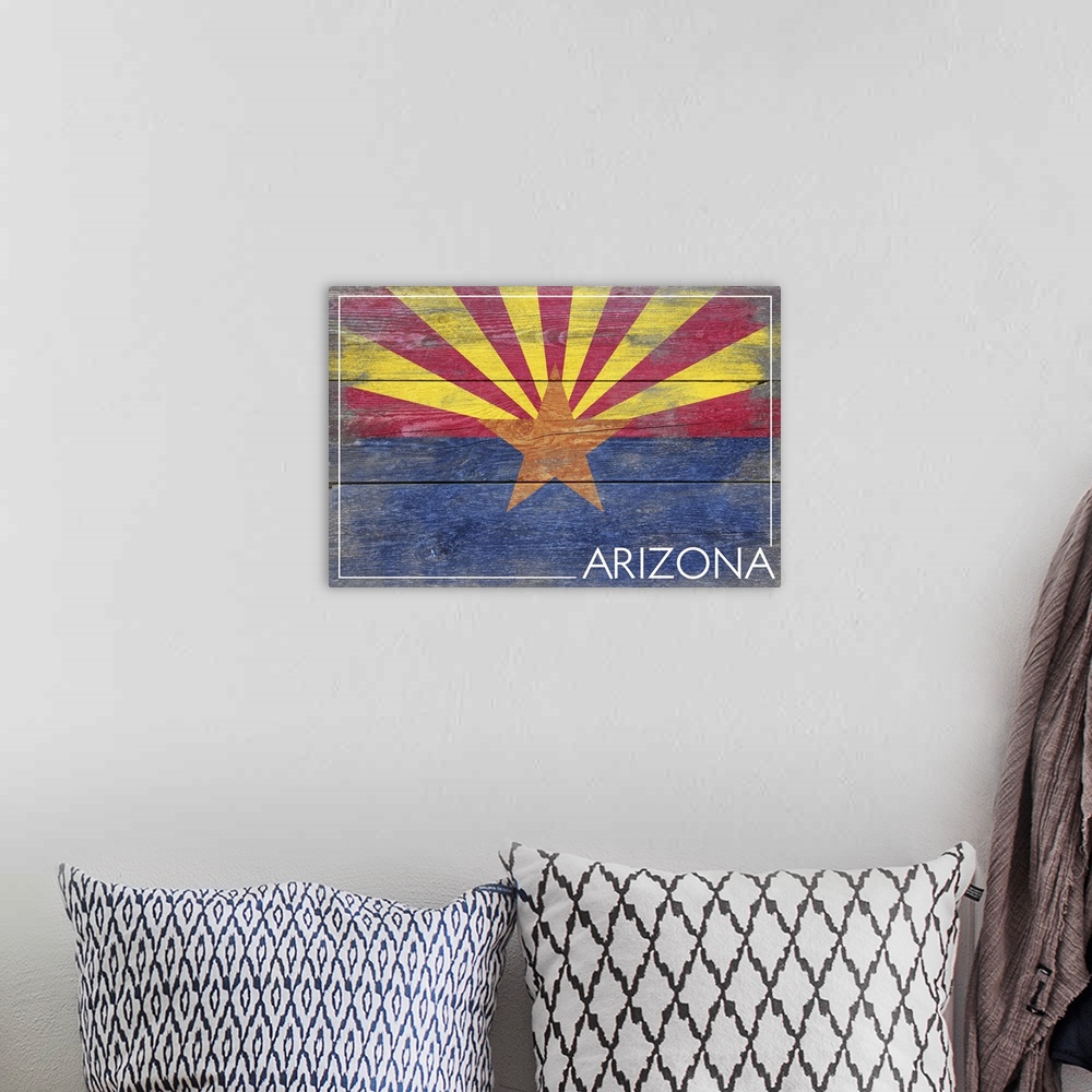 A bohemian room featuring The flag of Arizona with a weathered wooden board effect.