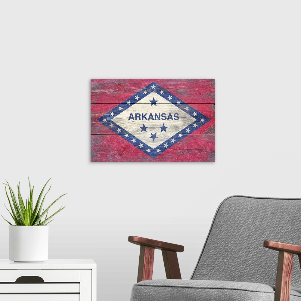 A modern room featuring The flag of Arkansas with a weathered wooden board effect.