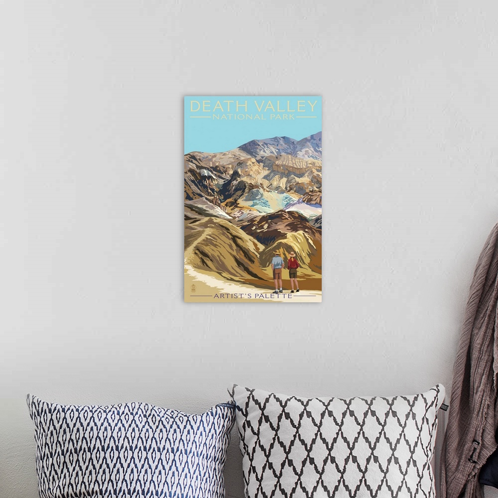 A bohemian room featuring Retro stylized art poster of a couple gazing out over a desert valley.