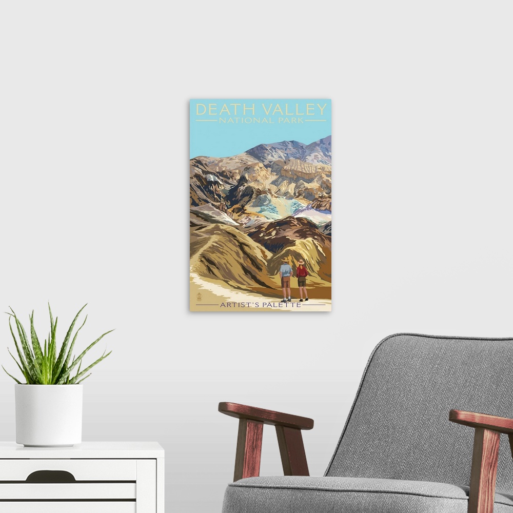 A modern room featuring Retro stylized art poster of a couple gazing out over a desert valley.