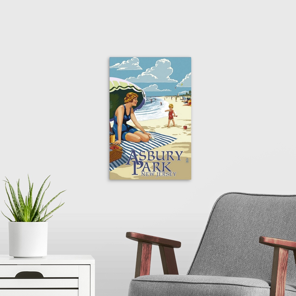 A modern room featuring Asbury Park, New Jersey - Woman on the Beach: Retro Travel Poster