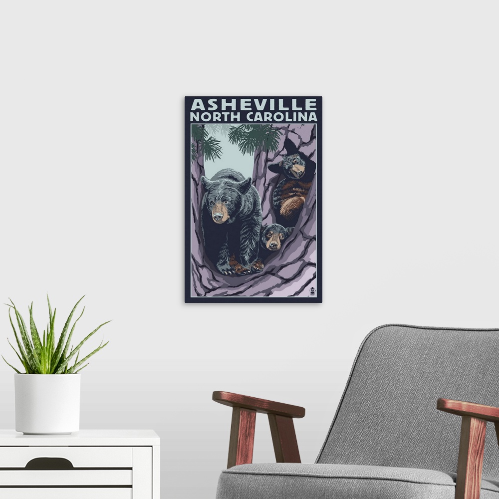 A modern room featuring Asheville, North Carolina - Bear Family in Tree: Retro Travel Poster