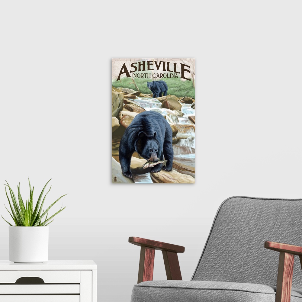 A modern room featuring Asheville, North Carolina - Bears Fishing: Retro Travel Poster