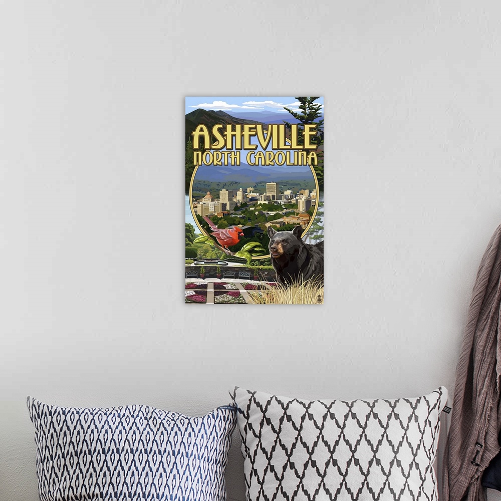 A bohemian room featuring Retro stylized art poster of a montage of images from Asheville North Carolina.