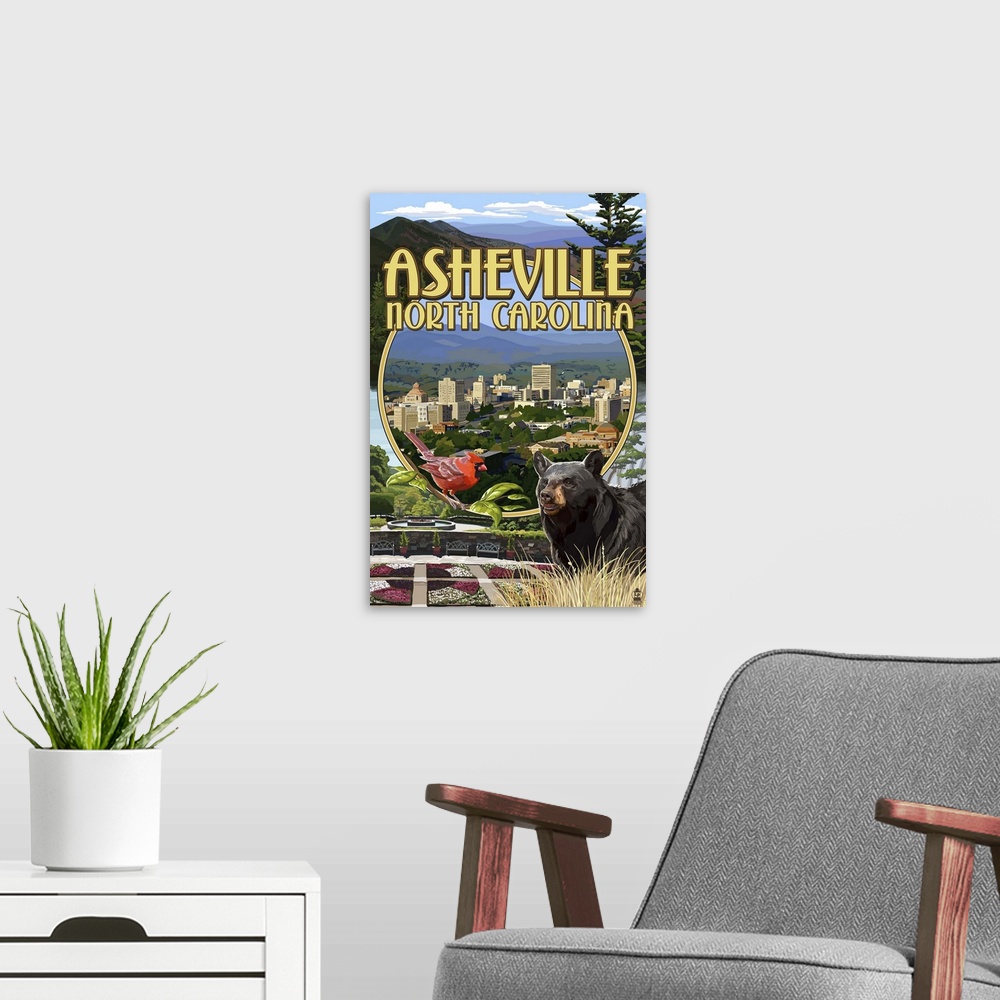 A modern room featuring Retro stylized art poster of a montage of images from Asheville North Carolina.