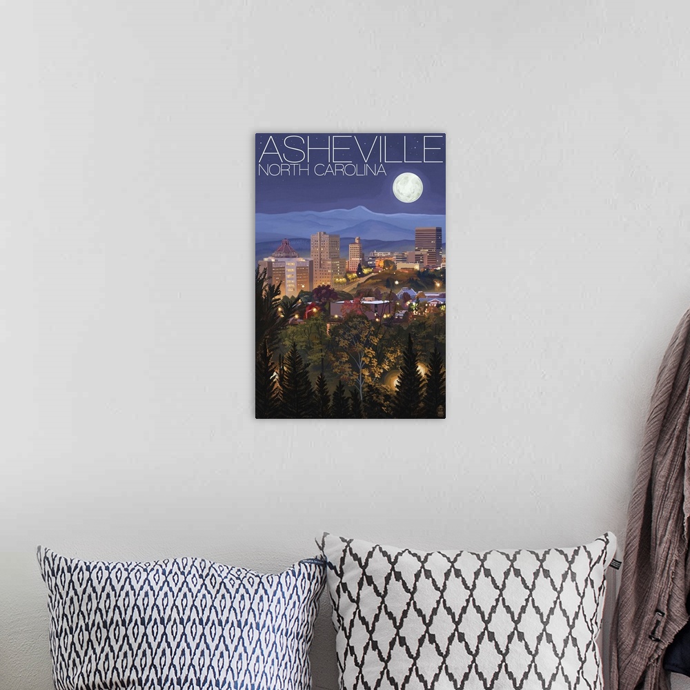 A bohemian room featuring Retro style artwork of the contemporary city skyline under the moonlight with mountain peaks in t...