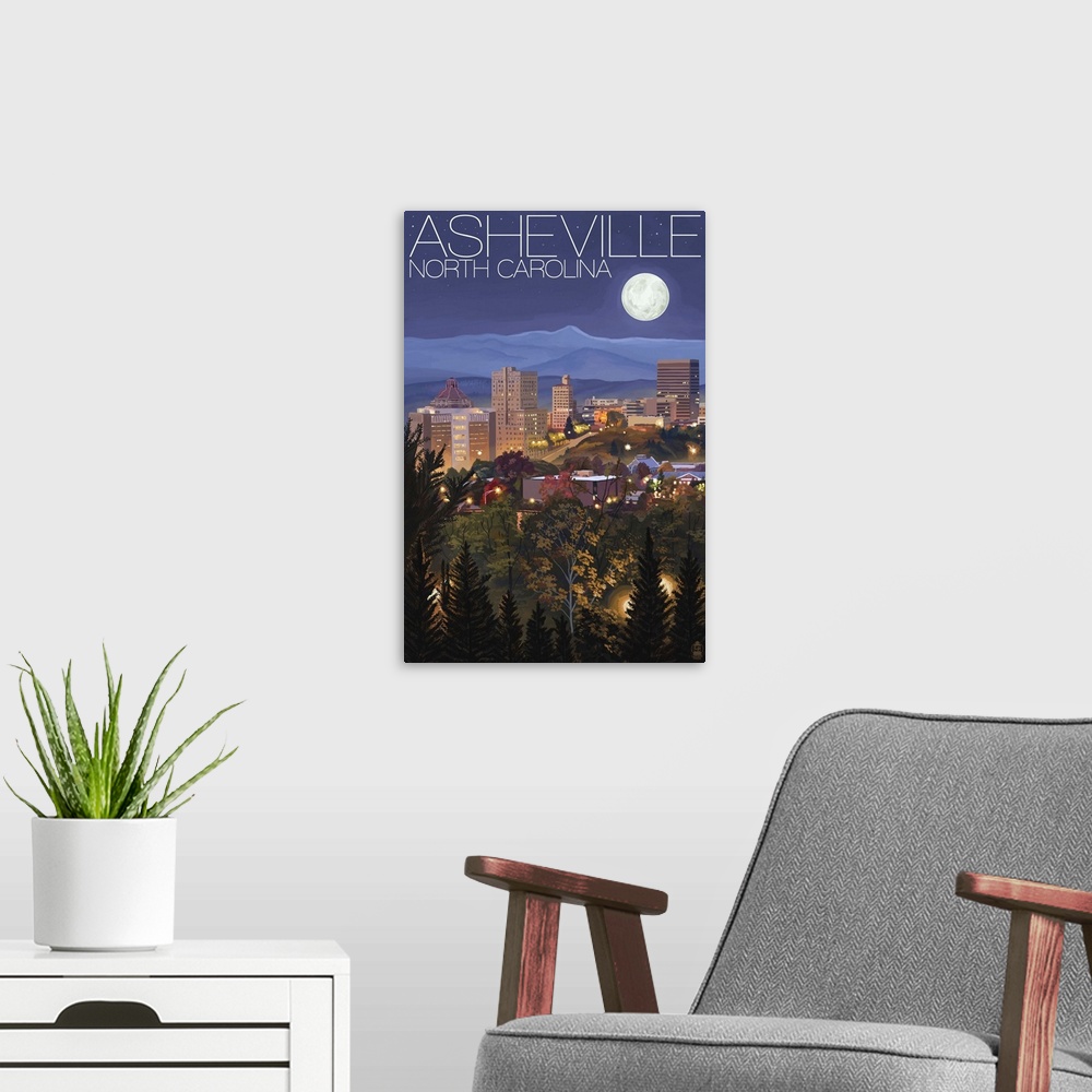 A modern room featuring Retro style artwork of the contemporary city skyline under the moonlight with mountain peaks in t...