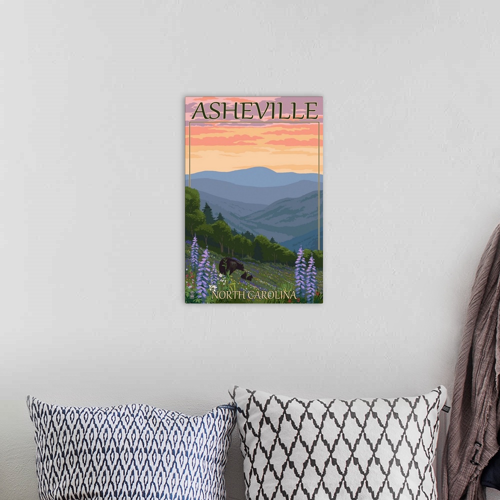 A bohemian room featuring Asheville, North Carolina - Spring Flowers and Bear Family: Retro Travel Poster
