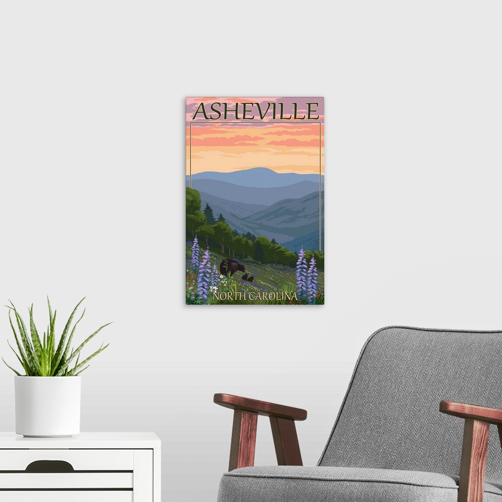 A modern room featuring Asheville, North Carolina - Spring Flowers and Bear Family: Retro Travel Poster